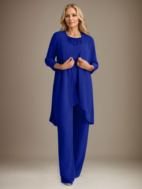 Chiffon Scoop Long Sleeves Mother Of The Bride Pantsuits With Jacket