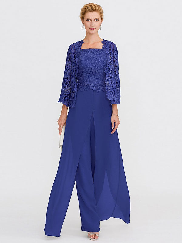 3 Piece Chiffon Square Neck Mother of the Bride Pantsuits with Jacket