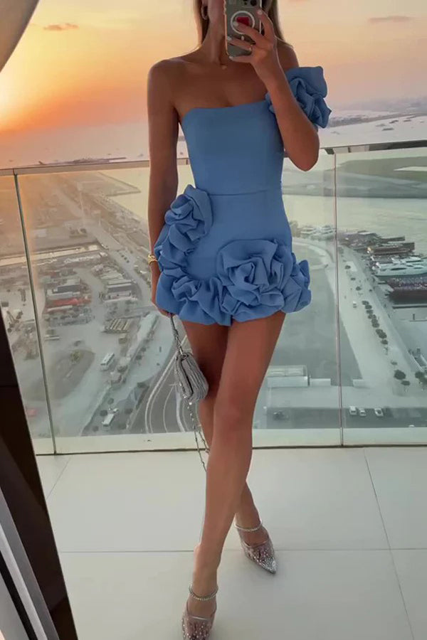 Ruffled Satin Short Party Dress One Shoulder Homecoming Dress