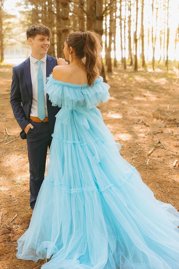 Ruffles Off the Shoulder Corset A-line Blue Prom Dress