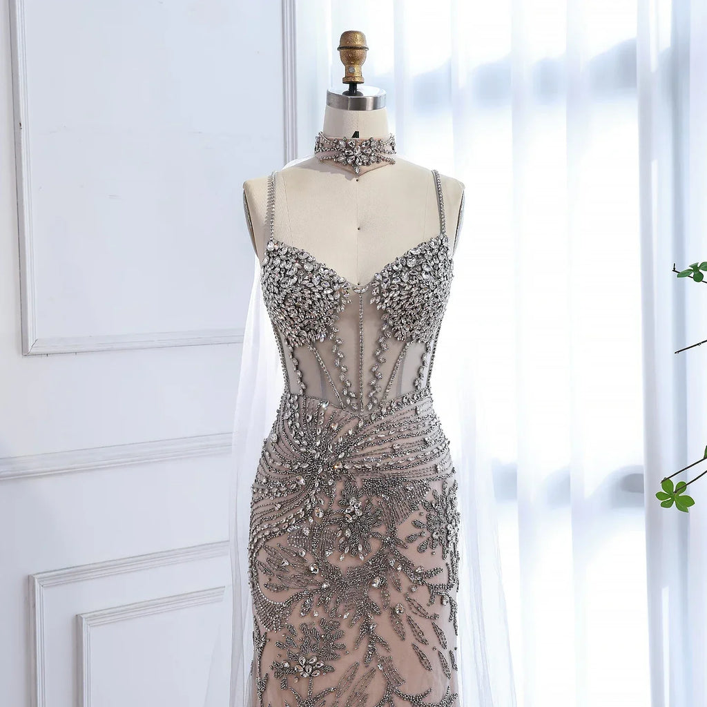 Luxury Evening Dress Grey Beaded With Cape Prom Gown LA73342