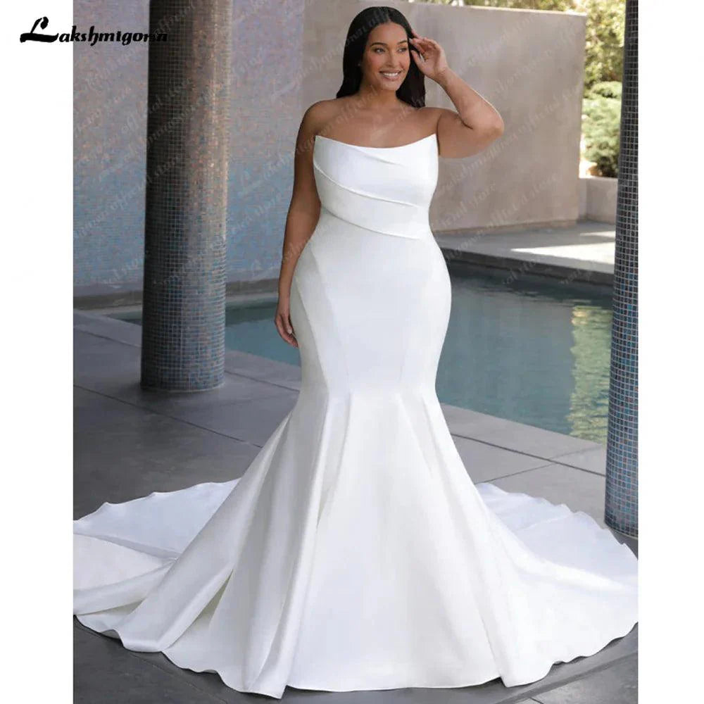 NumberSea Plus Size Mikado Satin Mermaid Wedding Dress For Women 2025 Vestidos Elegant Bridal Beach Boho Wedding Gowns