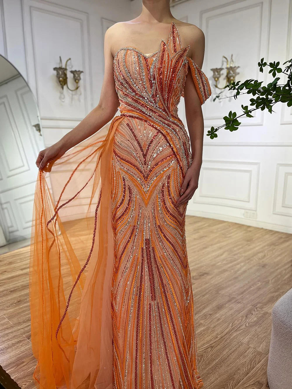 Luxury Dubai  Arabic Blue One Shoulder Luxury Dubai Evening Gown with Side Overskirt Beaded Dress for Women's Party LA72662