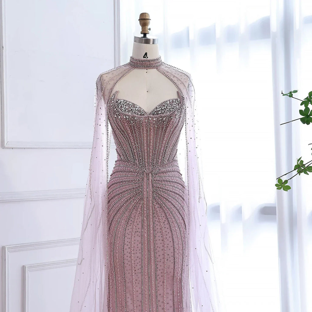 Luxury Dubai Caramel Beaded Evening Dress With Cape LA72811C
