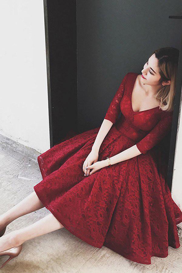 Half Sleeves Lace V Neck Homecoming Dress Short Prom Dress