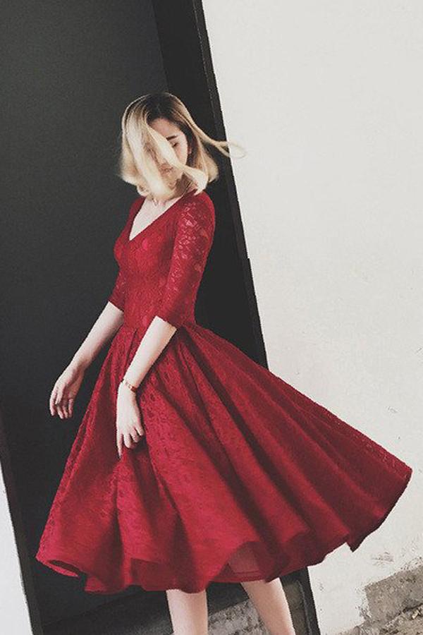 Half Sleeves Lace V Neck Homecoming Dress Short Prom Dress
