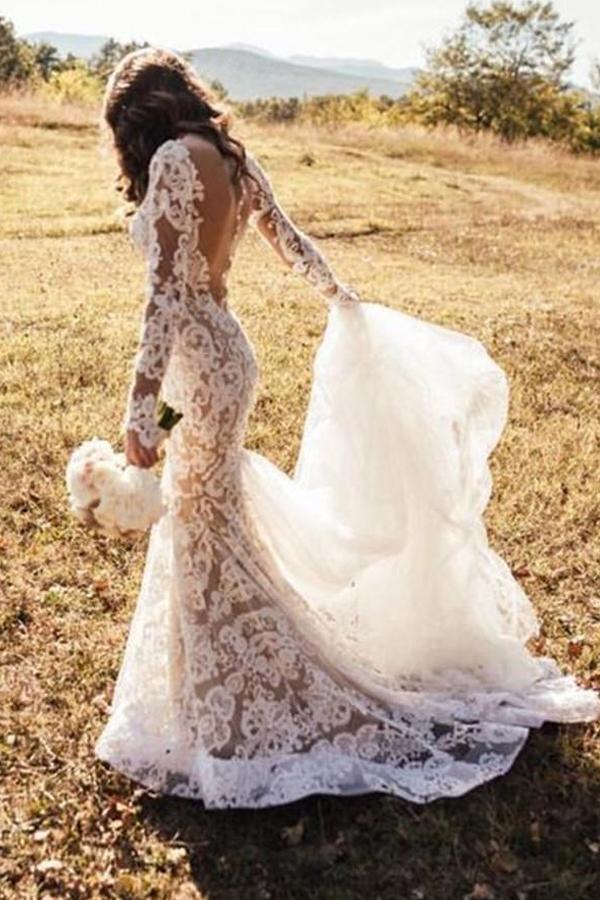 Gorgeous Ivory Backless Lace Mermaid Long Wedding Dresses with Appliques