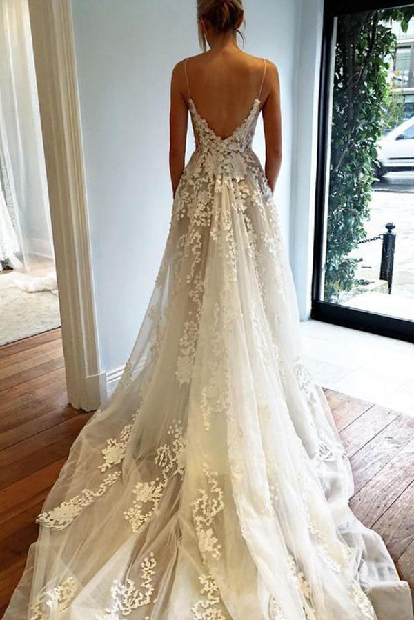 Ivory/White Sweetheart Spaghetti Straps Beach Wedding Dresse with Sweep Train