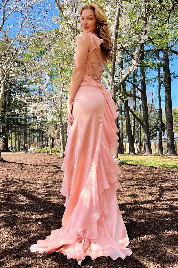 Emerald Green Square Neck Ruffle Slit Prom Dress