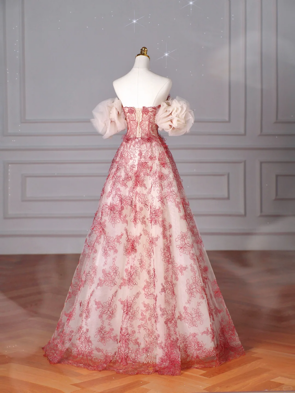Pretty Tulle Beaded Red A Line Off The Shoulder Prom Dress Evening Dress Formal Birthday Ball Gown Y8621