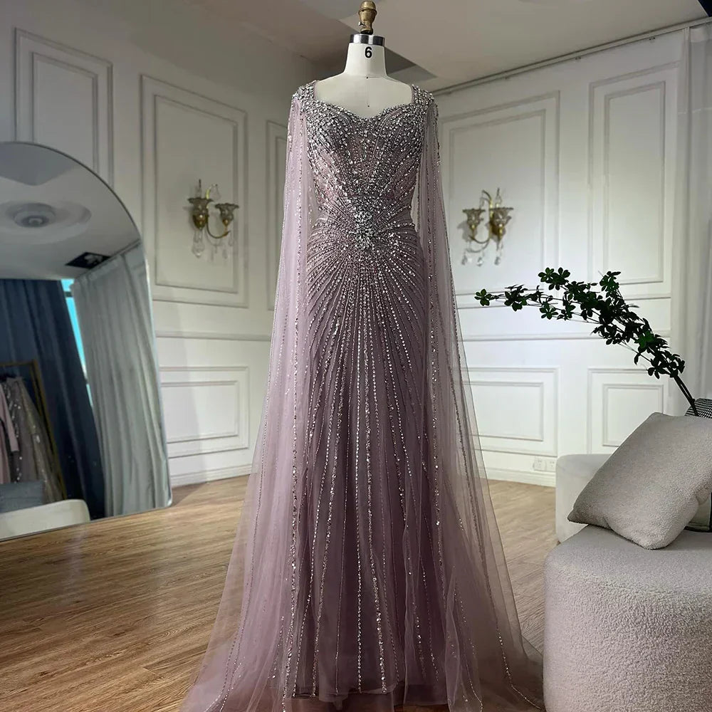 Dubai Luxury Nude Cape Sleeves Beaded Evening Dress LA72575A