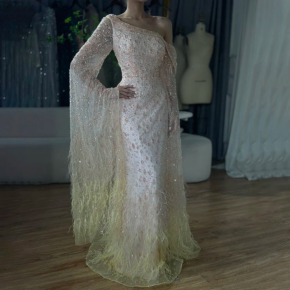 Luxury Feather One Shoulder Evening Dress with Cape Sleeves LA72763
