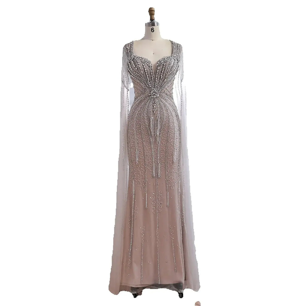 Luxury Caramel Beaded Evening Dress With Cape LA72992A