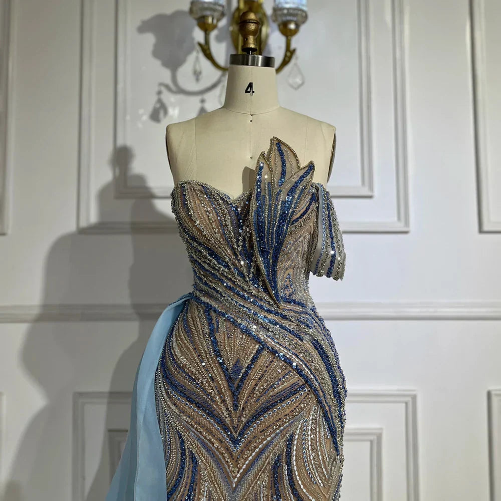 Luxury Dubai  Arabic Blue One Shoulder Luxury Dubai Evening Gown with Side Overskirt Beaded Dress for Women's Party LA72662