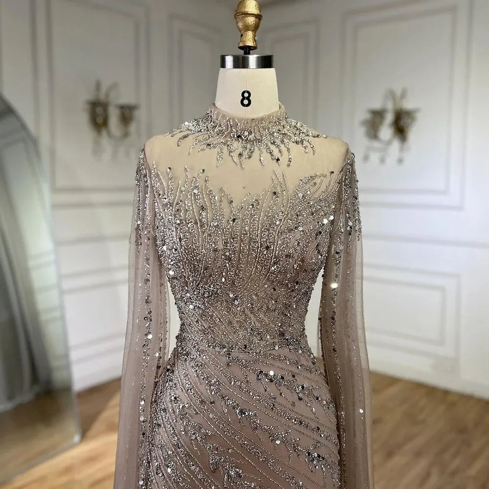 Luxury Nude Mermaid Evening Dress with Cape Sleeves