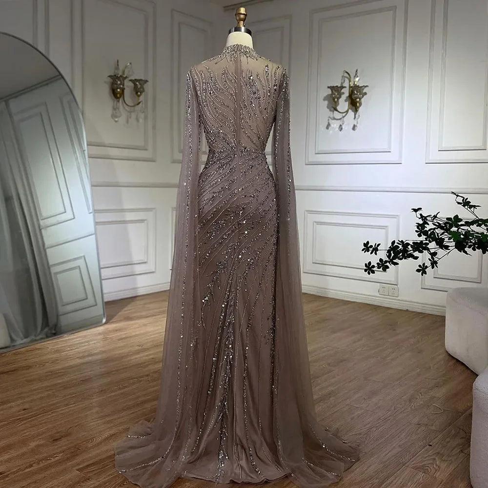 Serene Hill Nude Cape Sleeves Mermaid Lace Beaded Luxury Dubai Long Evening Dresses Gowns for Women Wedding Party LA71885A