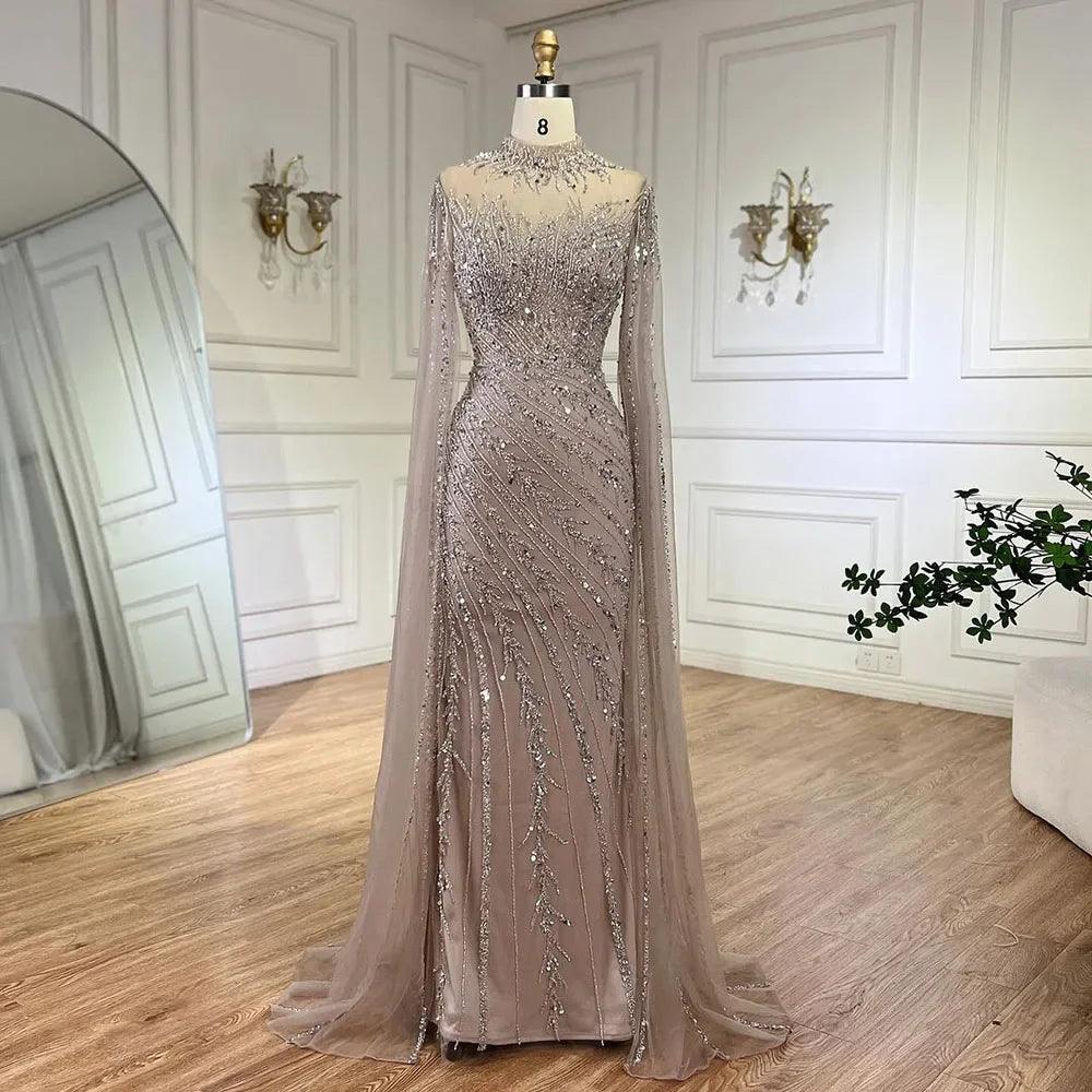 Serene Hill Nude Cape Sleeves Mermaid Lace Beaded Luxury Dubai Long Evening Dresses Gowns for Women Wedding Party LA71885A