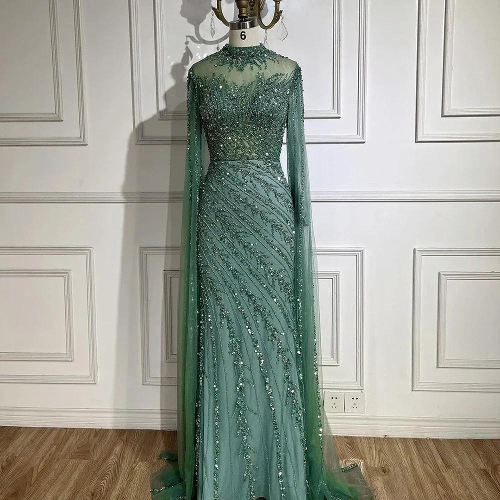 Serene Hill Nude Cape Sleeves Mermaid Lace Beaded Luxury Dubai Long Evening Dresses Gowns for Women Wedding Party LA71885A
