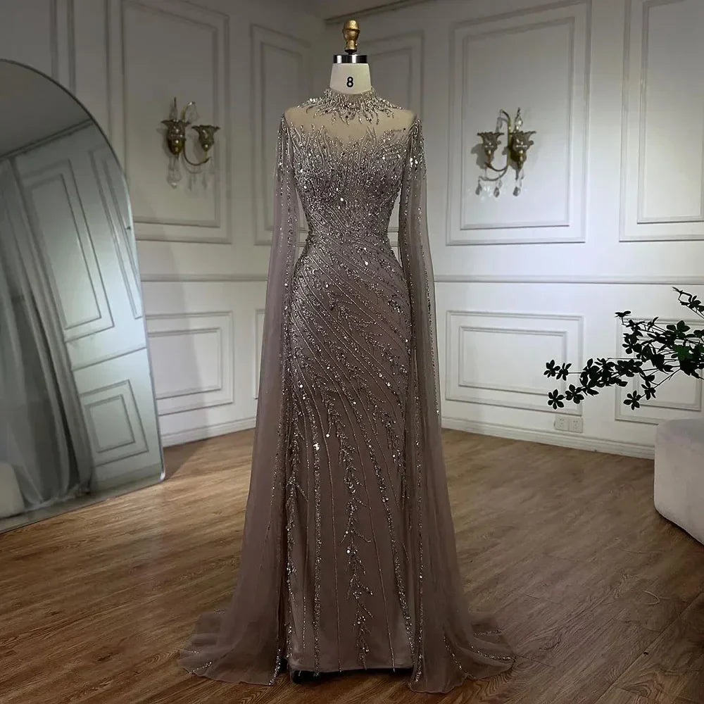 Luxury Nude Mermaid Evening Dress with Cape Sleeves
