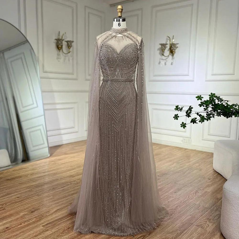 Serene Hill Arabic Caramel Elegant Cape Sleeves Mermaid Beaded Evening Dresses Long Celebrity Gowns for Woman Party LA72233A