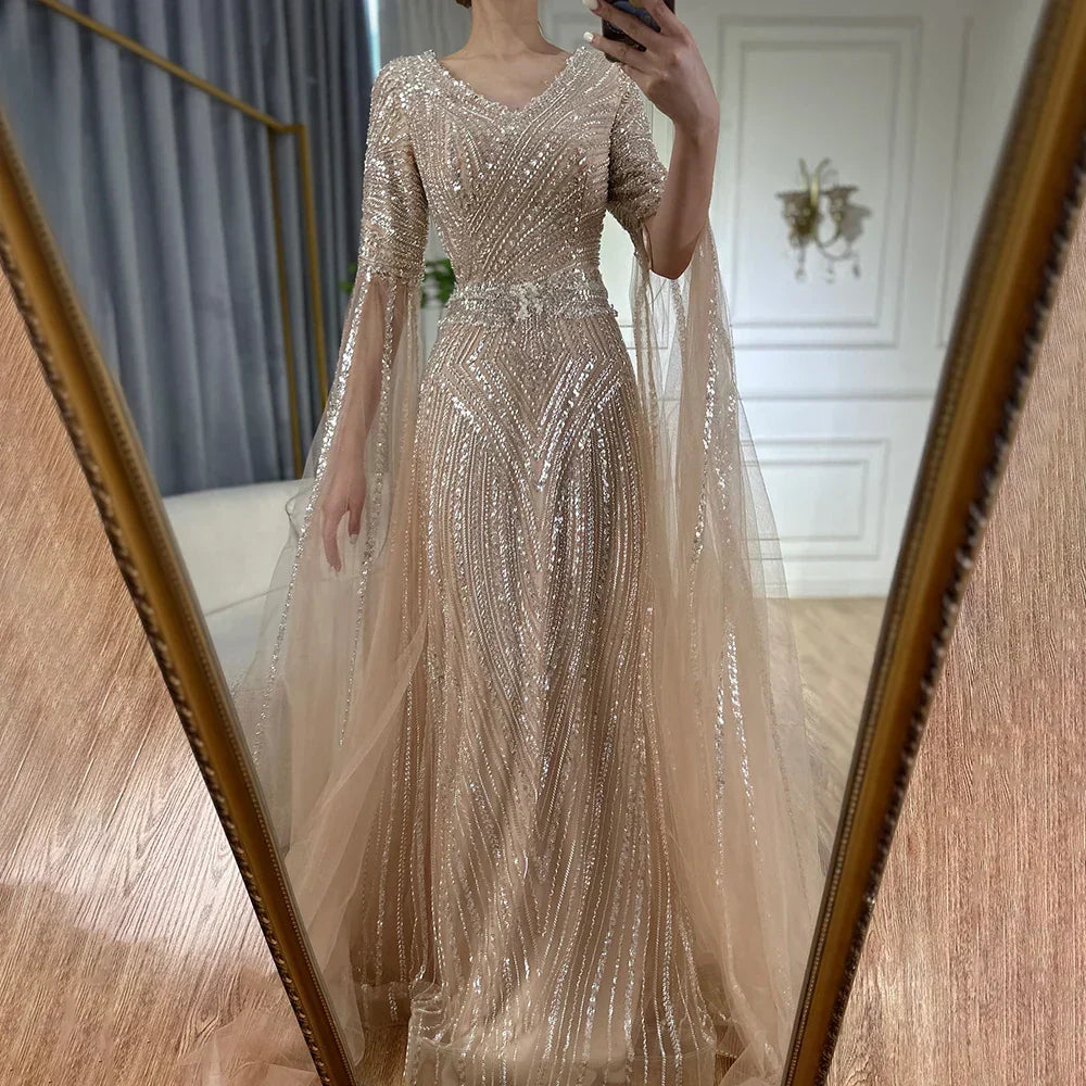 Luxury Dubai Caramel A-Line Beaded Evening Dress with Cape Sleeves
