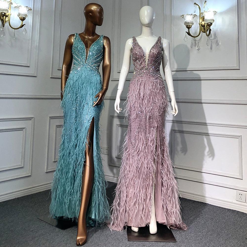 Serene Hill Gold Sexy High Split Mermaid Evening Dresses Gowns Backless Luxury Beaded Feather 2024 For Women Party LA71583