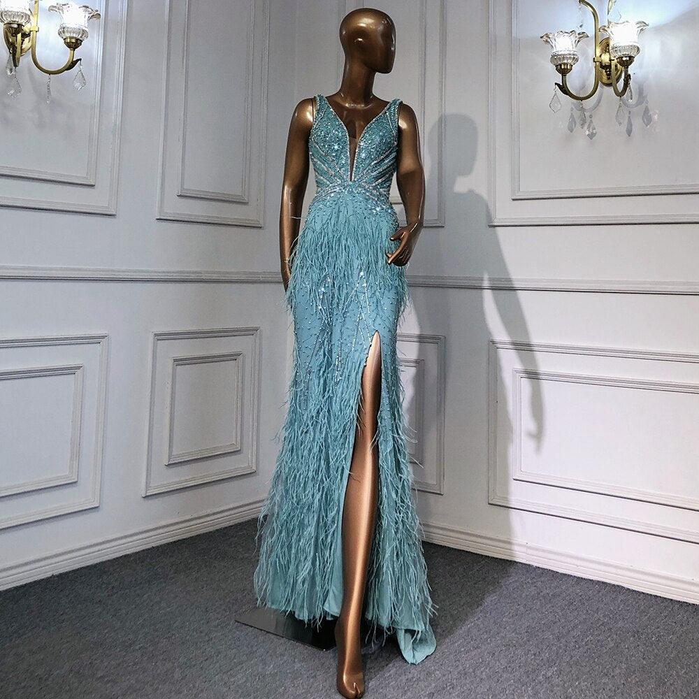 Serene Hill Gold Sexy High Split Mermaid Evening Dresses Gowns Backless Luxury Beaded Feather 2024 For Women Party LA71583