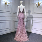 Serene Hill Gold Sexy High Split Mermaid Evening Dresses Gowns Backless Luxury Beaded Feather 2024 For Women Party LA71583