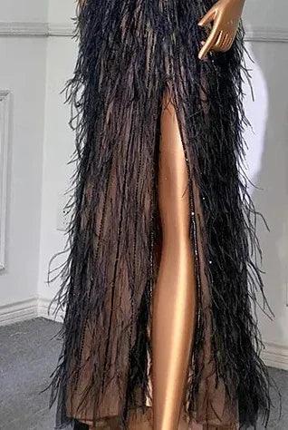 Serene Hill Luxury Beaded Feather Beige High Split Mermaid Evening Dresses Gowns Backless 2024 For Women Party LA70623B