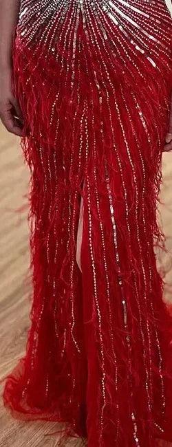 Serene Hill Luxury Beaded Feather Beige High Split Mermaid Evening Dresses Gowns Backless 2024 For Women Party LA70623B