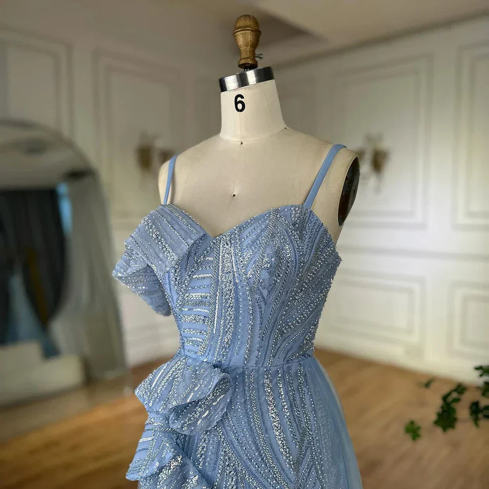 Luxury Dubai Mermaid Evening Dress With Skirt  Light blue Beaded Spaghetti Strap For Formal Occasion  LA72341A