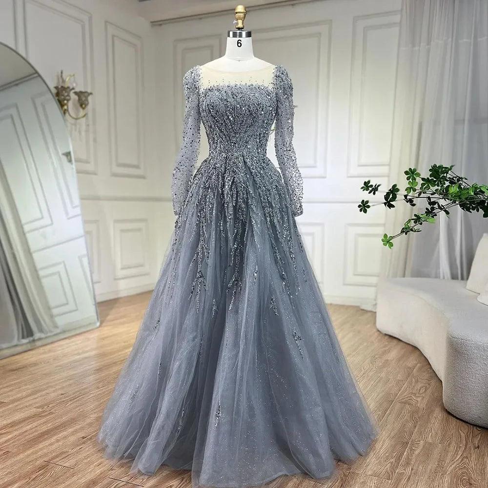 Serene Hill Muslim Pink A Line Beaded Luxury Dubai Long Evening Dresses Gowns   For Woman Wedding Party