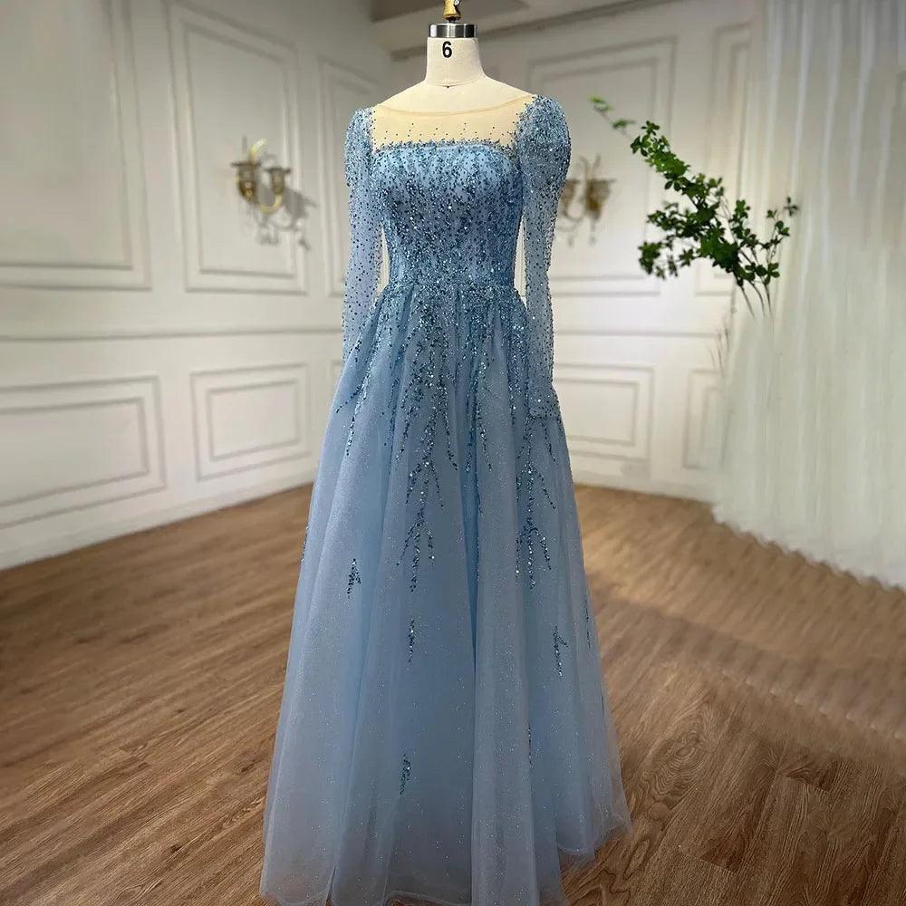 Serene Hill Muslim Pink A Line Beaded Luxury Dubai Long Evening Dresses Gowns   For Woman Wedding Party