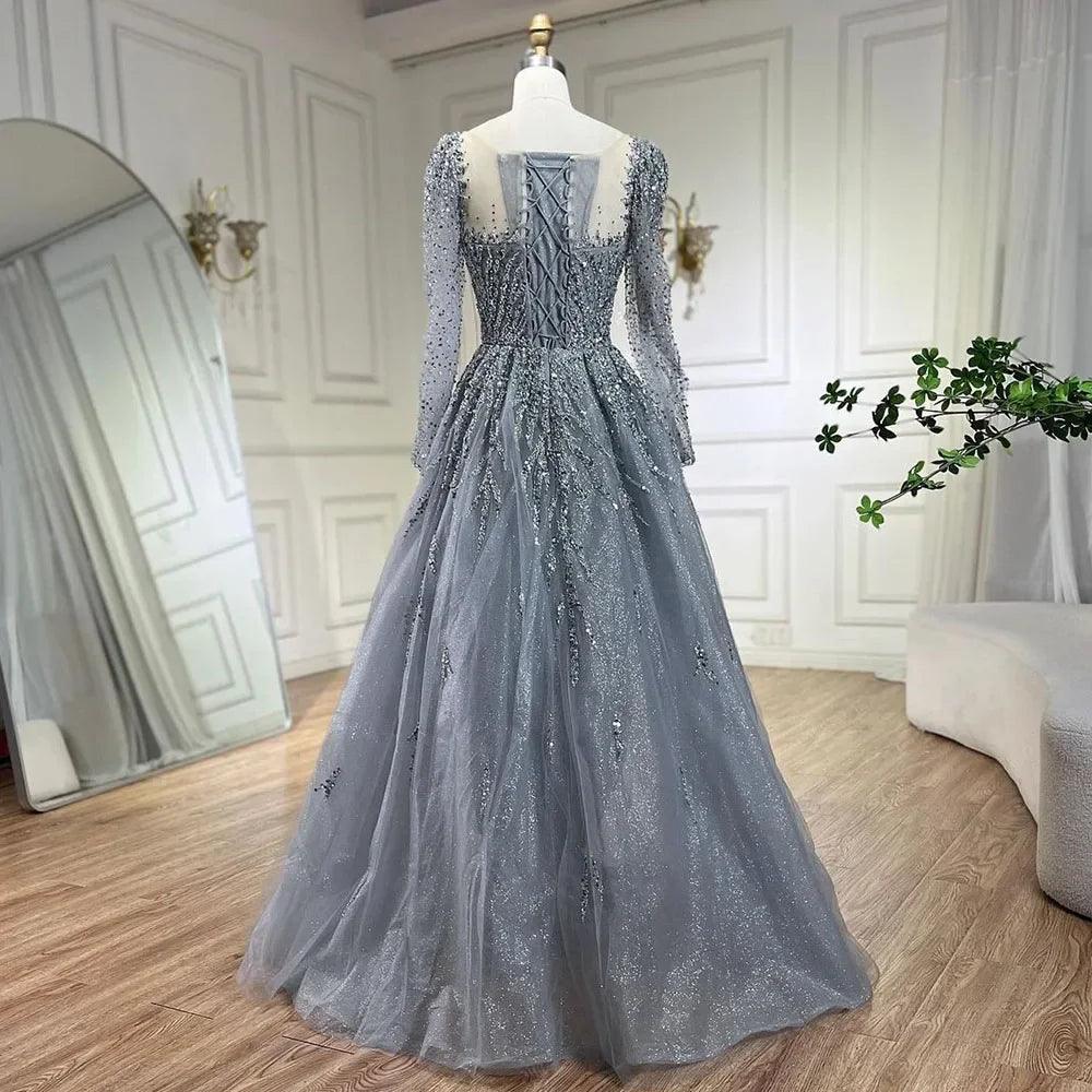 Serene Hill Muslim Pink A Line Beaded Luxury Dubai Long Evening Dresses Gowns   For Woman Wedding Party