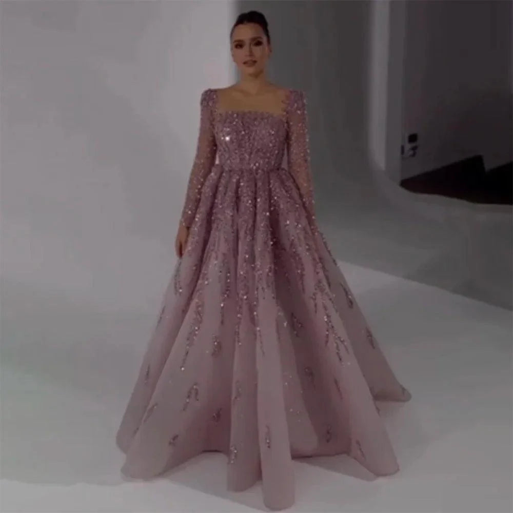Serene Hill Muslim Pink A Line Beaded Luxury Dubai Long Evening Dresses Gowns   For Woman Wedding Party