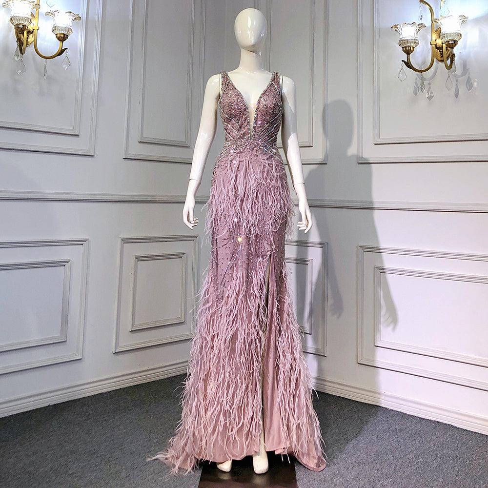 Serene Hill Pink High Split Mermaid Evening Dresses Gowns  Backless Luxury Beaded Feather For Women Party LA71583