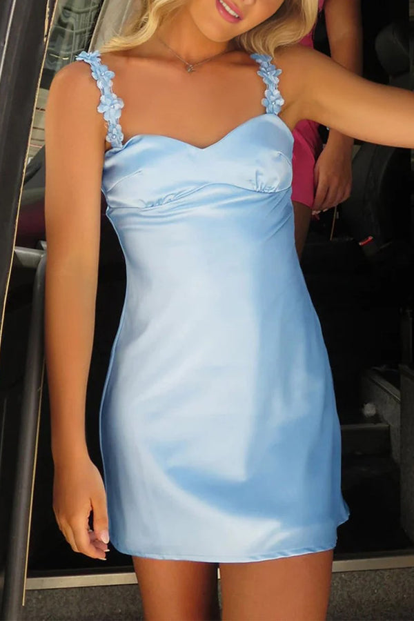 Sheath Satin V Neck Short  Homecoming Dress with Flower Straps