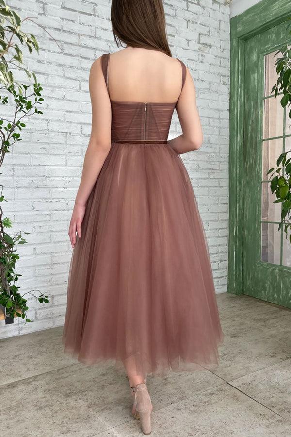 Simple A-line Tea Length Tulle Short Prom Dress Homecoming Dress