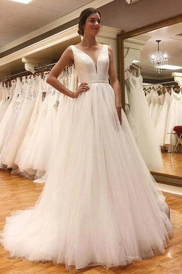NumberSea Simple Tulle A-line V-neck Open Back Wedding Dresses, Wedding Gowns, MW765