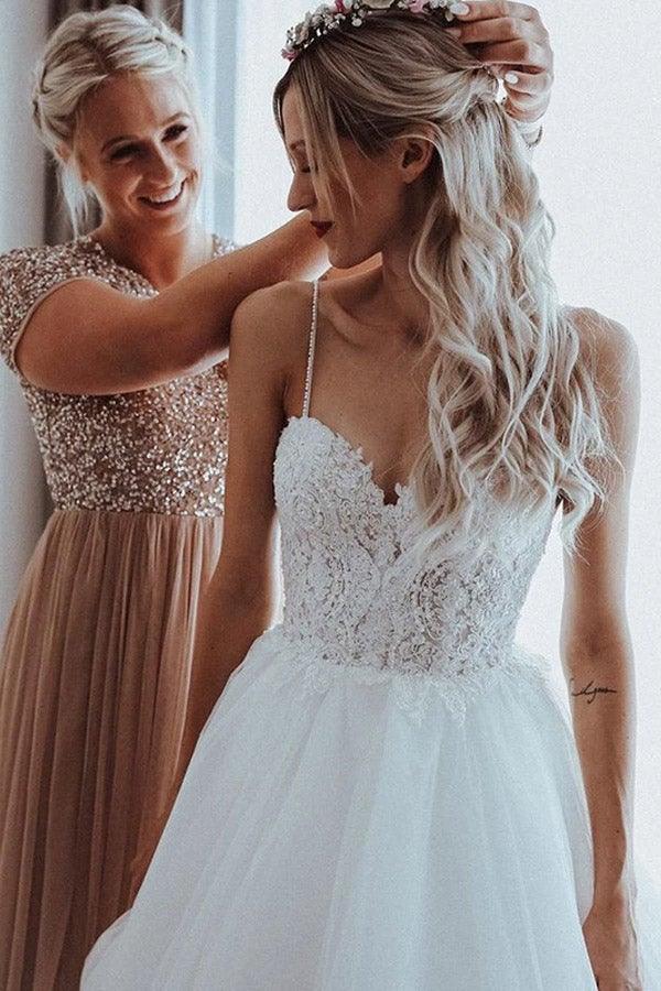 Spaghetti Straps Beaded Appliqued A-line Tulle Wedding Dresses