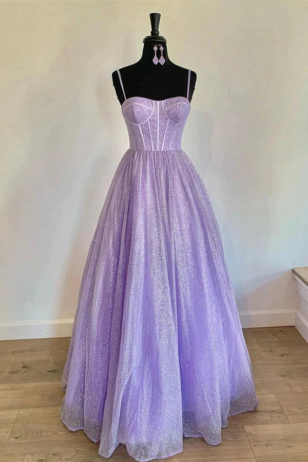 Sparkly A-line Spaghetti Straps Sweetheart Prom Dresses, Evening Dresses