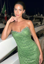 Strapless Sweetheart Emerald Beaded Mermaid Evening Dresses with Ruched Waist and Front Slit