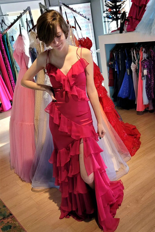 Straps Mermaid Ruffle Tiered Green Long Prom Dress With Slit PSK609