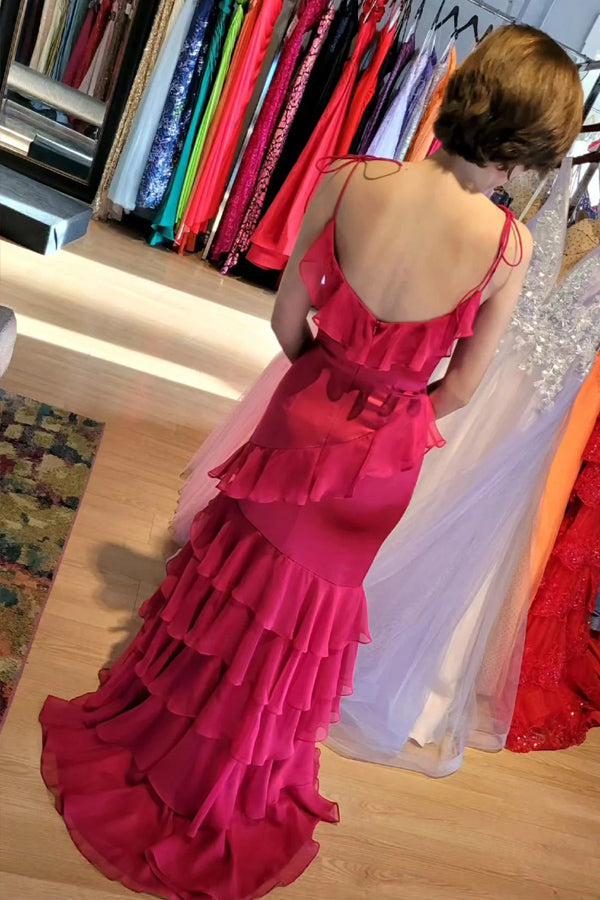 Straps Mermaid Ruffle Tiered Green Long Prom Dress With Slit PSK609