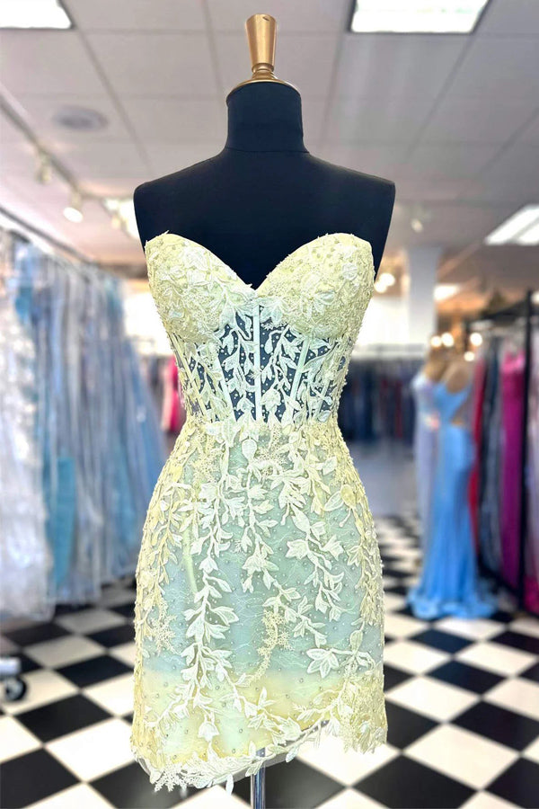 Sweetheart Lace Corset Tight Yellow Homecoming Dress