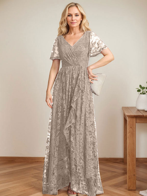 A-Line V-Neck Asymmetrical Lace Mother of the Bride Dress With Cascading Ruffles