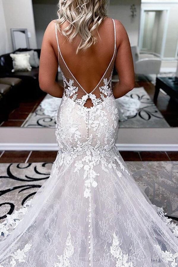 NumberSea Tulle A-line Spaghetti Straps Mermaid Wedding Dress With Lace Appliques, MW660
