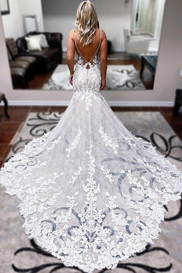 NumberSea Tulle A-line Spaghetti Straps Mermaid Wedding Dress With Lace Appliques, MW660