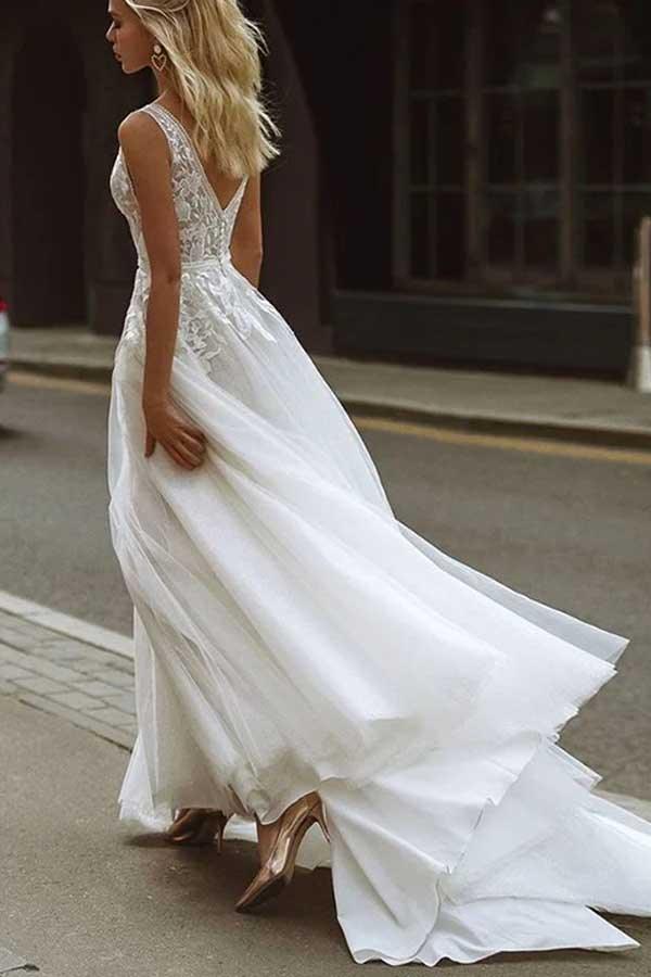 NumberSea Tulle A-line V-neck Backless Lace Appliques Wedding Dresses, Wedding Gown, MW791