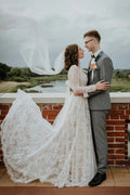 Tulle A-line V-neck Long Sleeves Lace Boho Wedding Dresses, Bridal Gown
